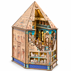 Egyptian Pharaoh Mummy 3D wooden book nook puzzle, assembled pyramid temple viewed from the front-left on white