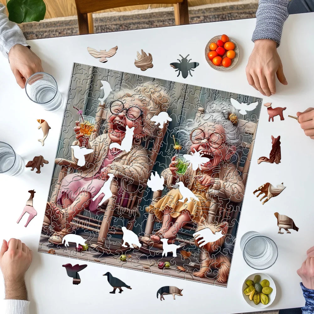 People assembling an elderly couple wooden jigsaw puzzle with irregular pieces on a table, adult puzzle by Toylvia