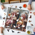 People assembling an elderly couple wooden jigsaw puzzle with irregular pieces on a table, adult puzzle by Toylvia