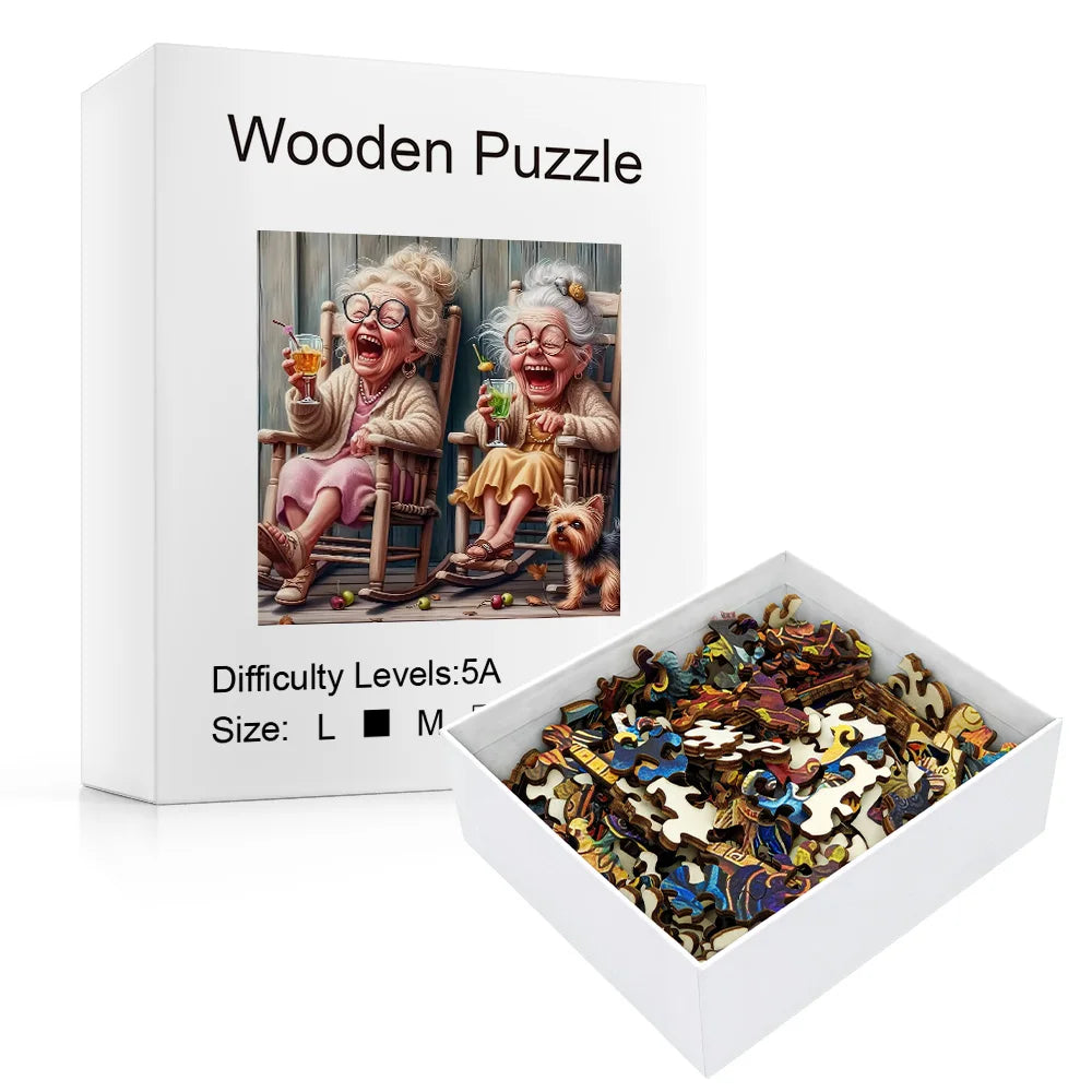 Wooden jigsaw puzzle box showing elderly couple artwork and irregular wooden puzzle pieces inside, adult puzzle by Toylvia
