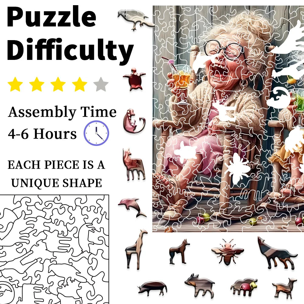 Infographic showing difficulty level, 4–6 hour assembly time, and irregular piece shapes of the elderly couple wooden jigsaw puzzle by Toylvia