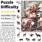 Infographic showing difficulty level, 4–6 hour assembly time, and irregular piece shapes of the elderly couple wooden jigsaw puzzle by Toylvia