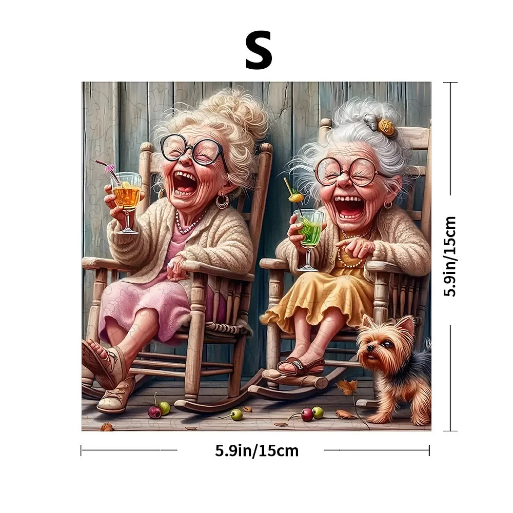 Small size elderly couple wooden jigsaw puzzle showing finished dimensions of approximately 15 × 15 cm, adult puzzle by Toylvia