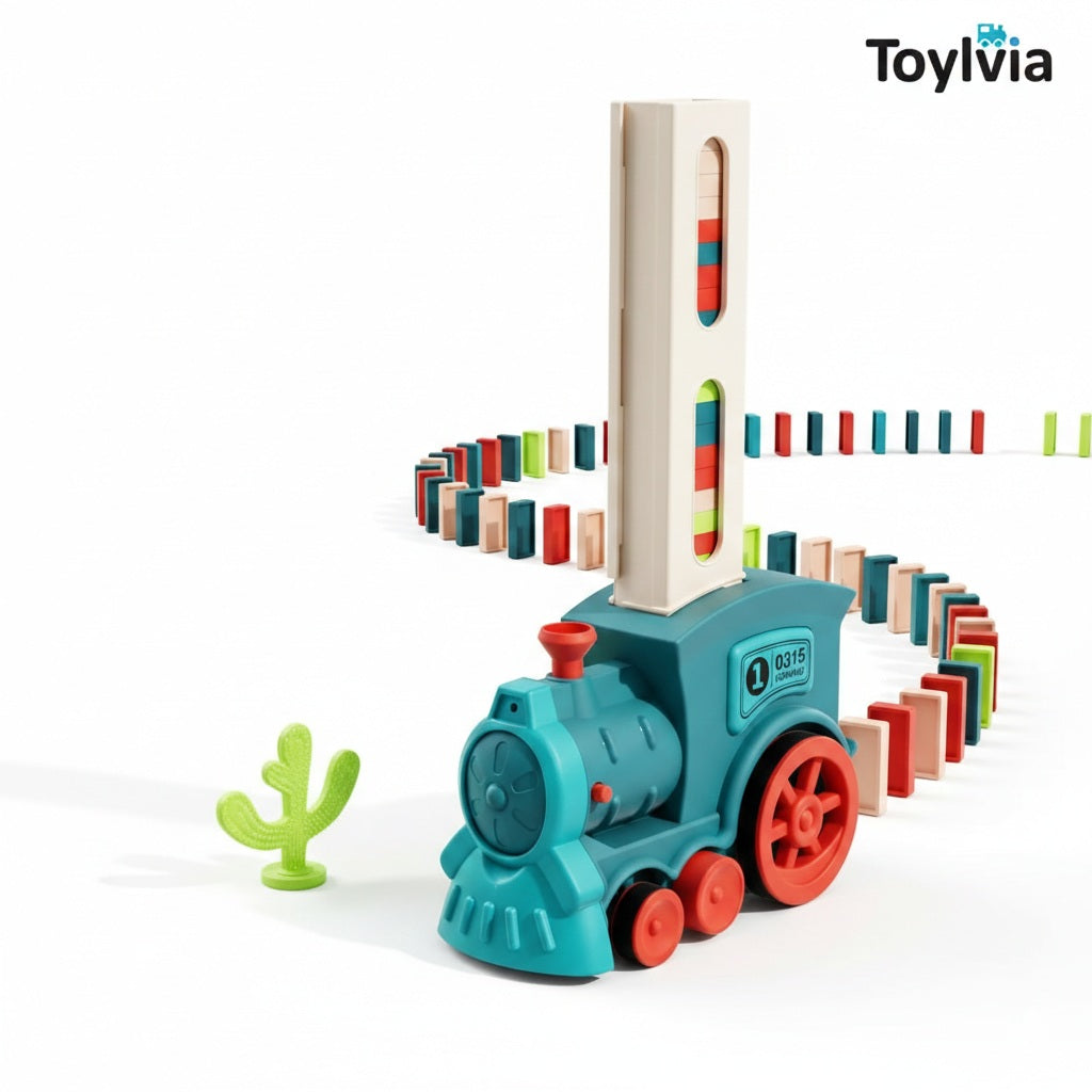 Automatic electric domino laying train toy on a clean white background with Toylvia logo