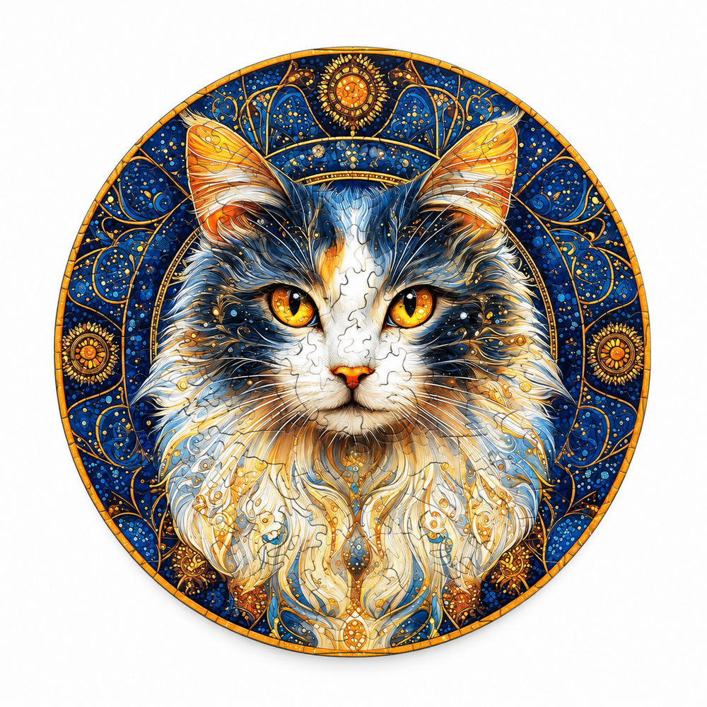 Elegant Cat Wooden Jigsaw Puzzle Golden-Blue Round Artwork