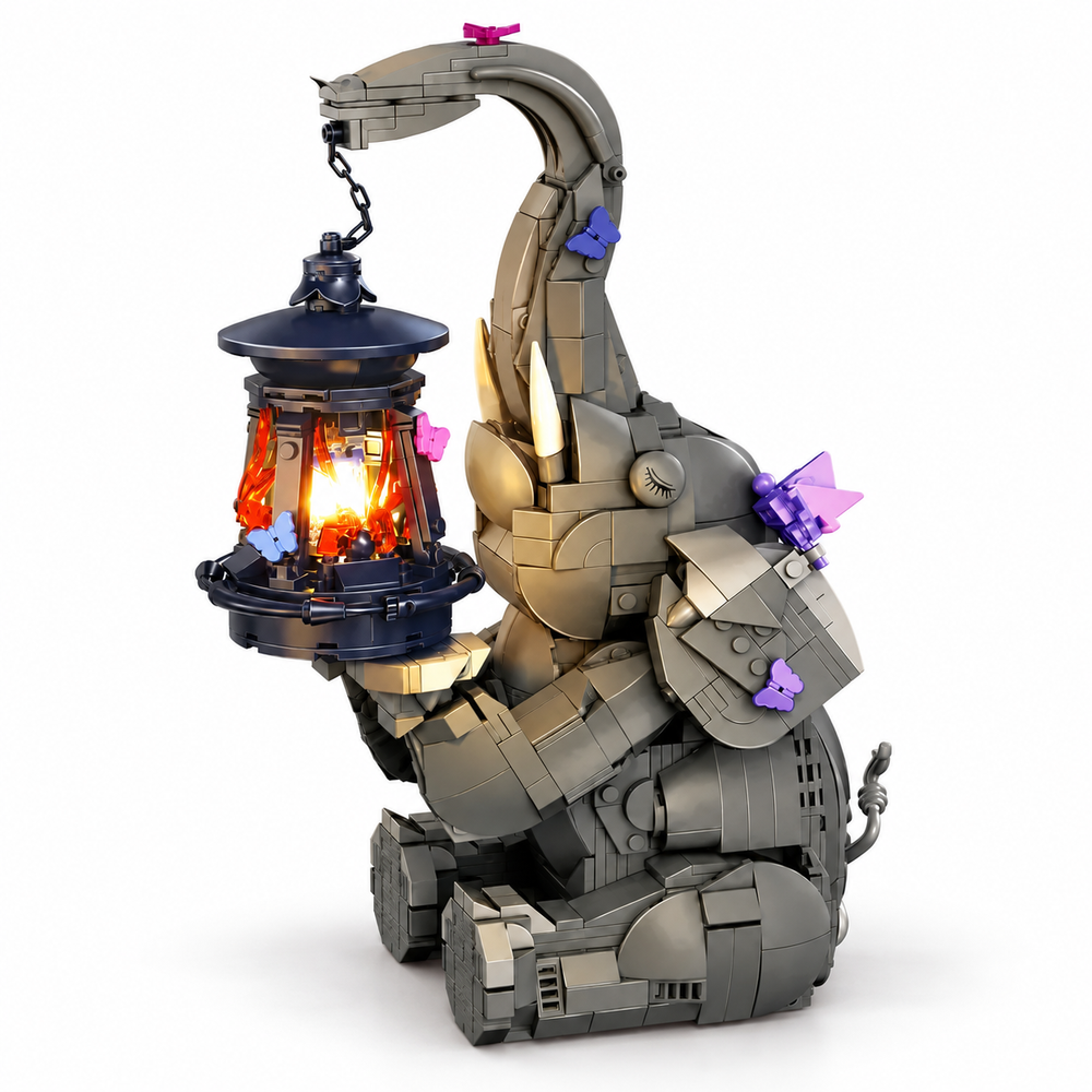 Centered 1077-piece elephant building-block LED lamp on a white studio surface