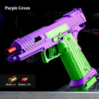 Purple and green toy gun with ammunition icons on a dark background