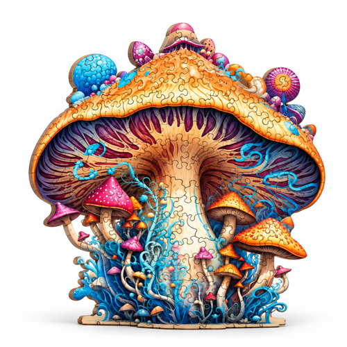 Completed Enchanted Fly Agaric mushroom-shaped wooden jigsaw puzzle on white background