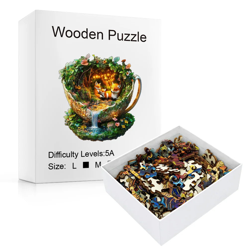 Enchanted Forest Fox wooden jigsaw puzzle showing the gift box and irregular animal-shaped wooden pieces inside