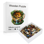 Enchanted Forest Fox wooden jigsaw puzzle showing the gift box and irregular animal-shaped wooden pieces inside
