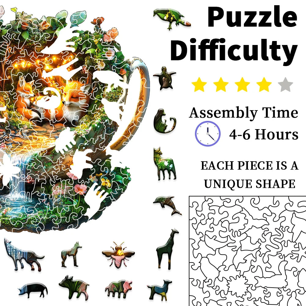 Enchanted Forest Fox wooden jigsaw puzzle showing difficulty rating, 4–6 hour assembly time, and unique animal-shaped wooden pieces.