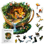 Enchanted Forest Fox wooden jigsaw puzzle featuring a fox family inside a magical forest teacup with irregular animal-shaped wooden pieces