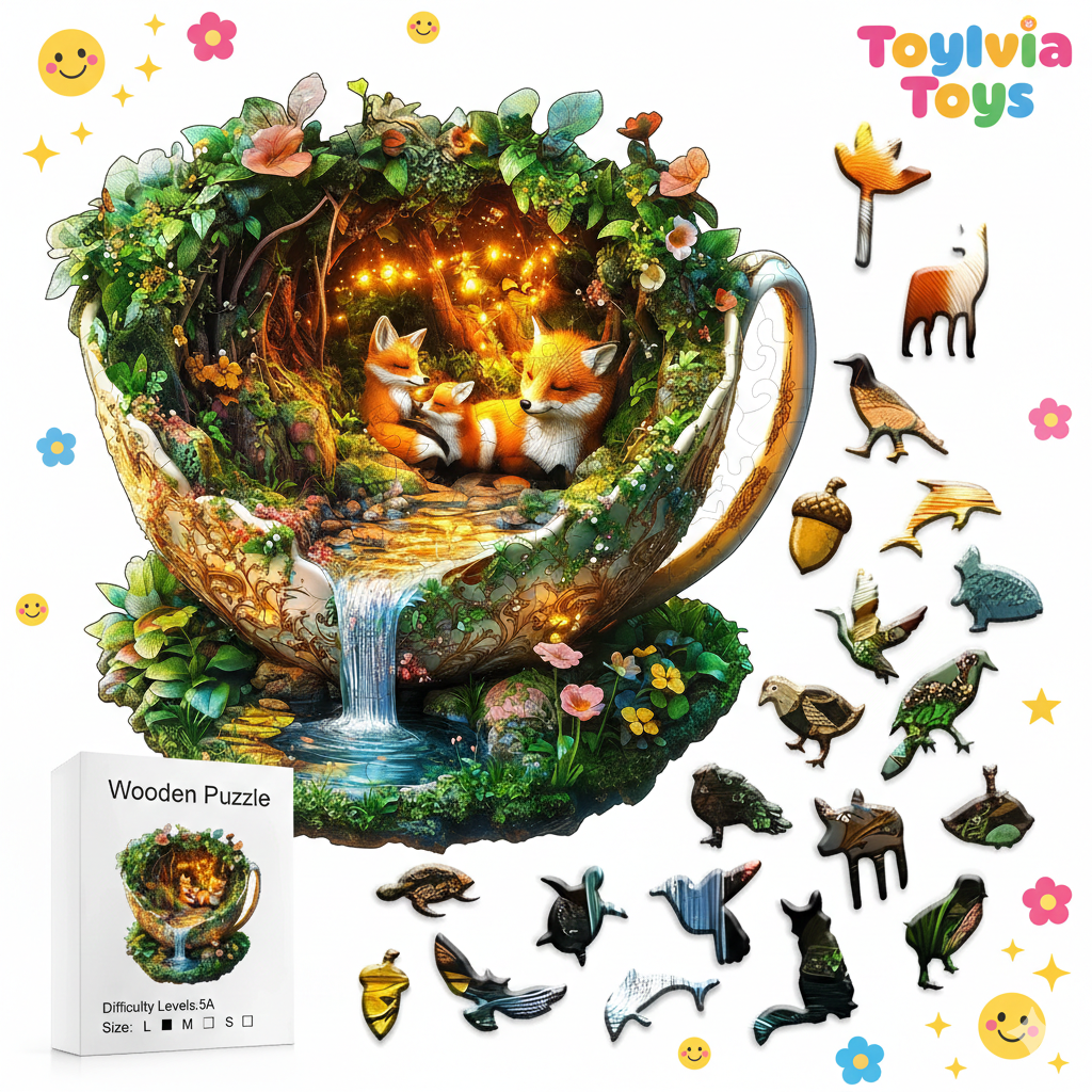 Wooden puzzle with foxes in a teacup design, surrounded by additional animal pieces and Toylivia Toys branding. Main image