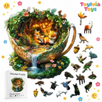 Wooden puzzle with foxes in a teacup design, surrounded by additional animal pieces and Toylivia Toys branding.