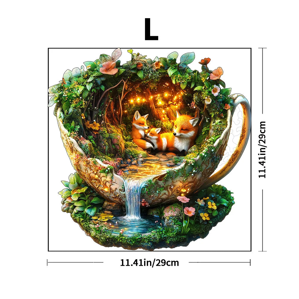 Enchanted Forest Fox wooden jigsaw puzzle size L showing finished dimensions of approximately 11.4 × 11.4 inches (29 × 29 cm).