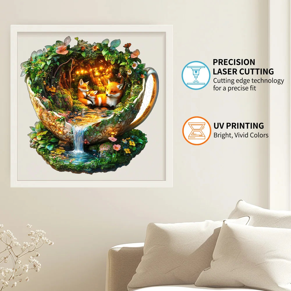 Enchanted Forest Fox wooden jigsaw puzzle displayed as framed wall art, showing how the finished puzzle can be used for home decor
