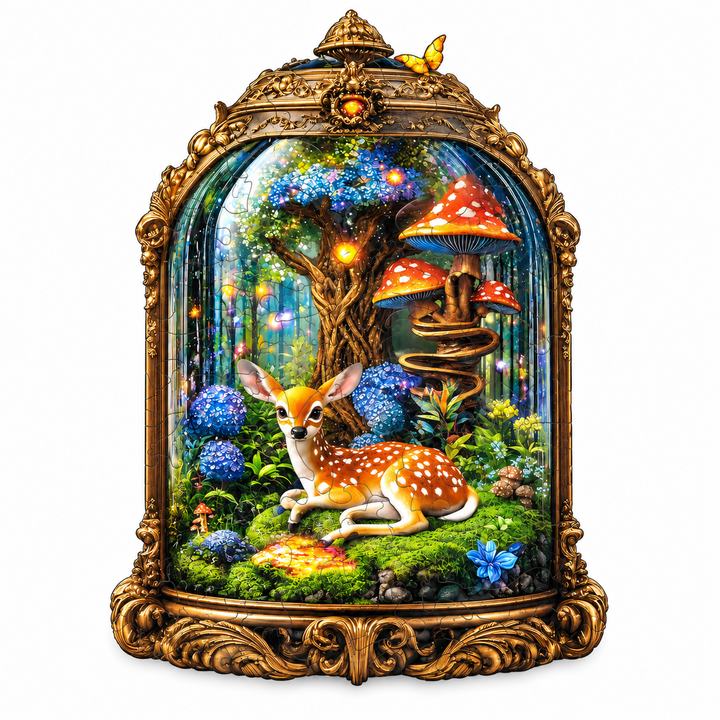Wooden puzzle of a fawn resting under glowing mushrooms inside an ornate gold-framed glass dome