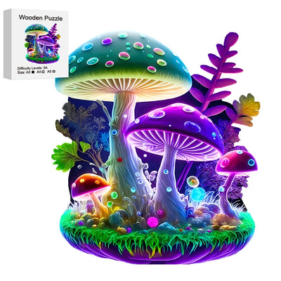 Enchanted Glow Mushroom Wooden Jigsaw Puzzle Fantasy Forest Art with Unique Shaped