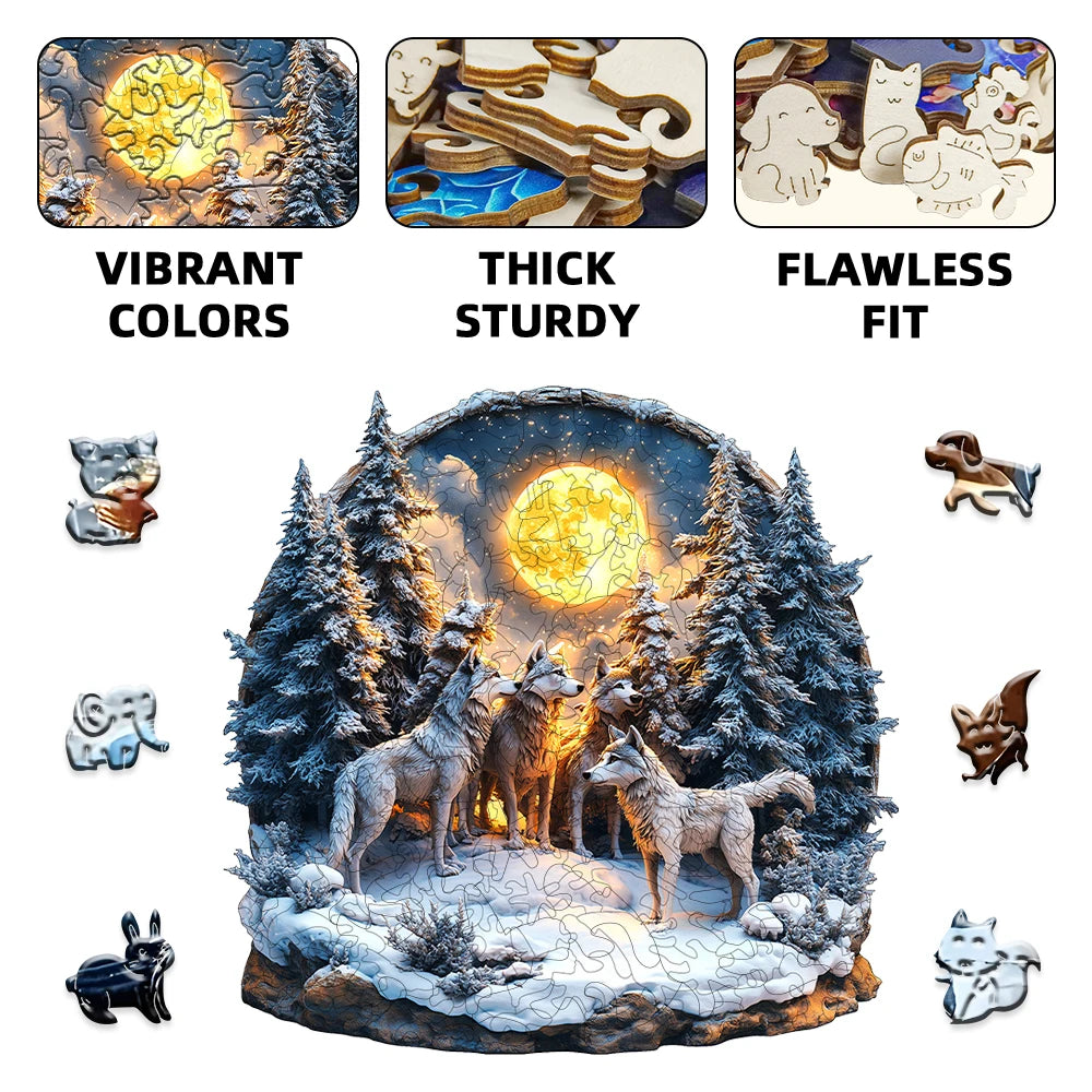 Enchanted wolf forest wooden puzzle highlighting vibrant colors, thick sturdy wood, and flawless fit