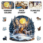 Enchanted wolf forest wooden puzzle highlighting vibrant colors, thick sturdy wood, and flawless fit