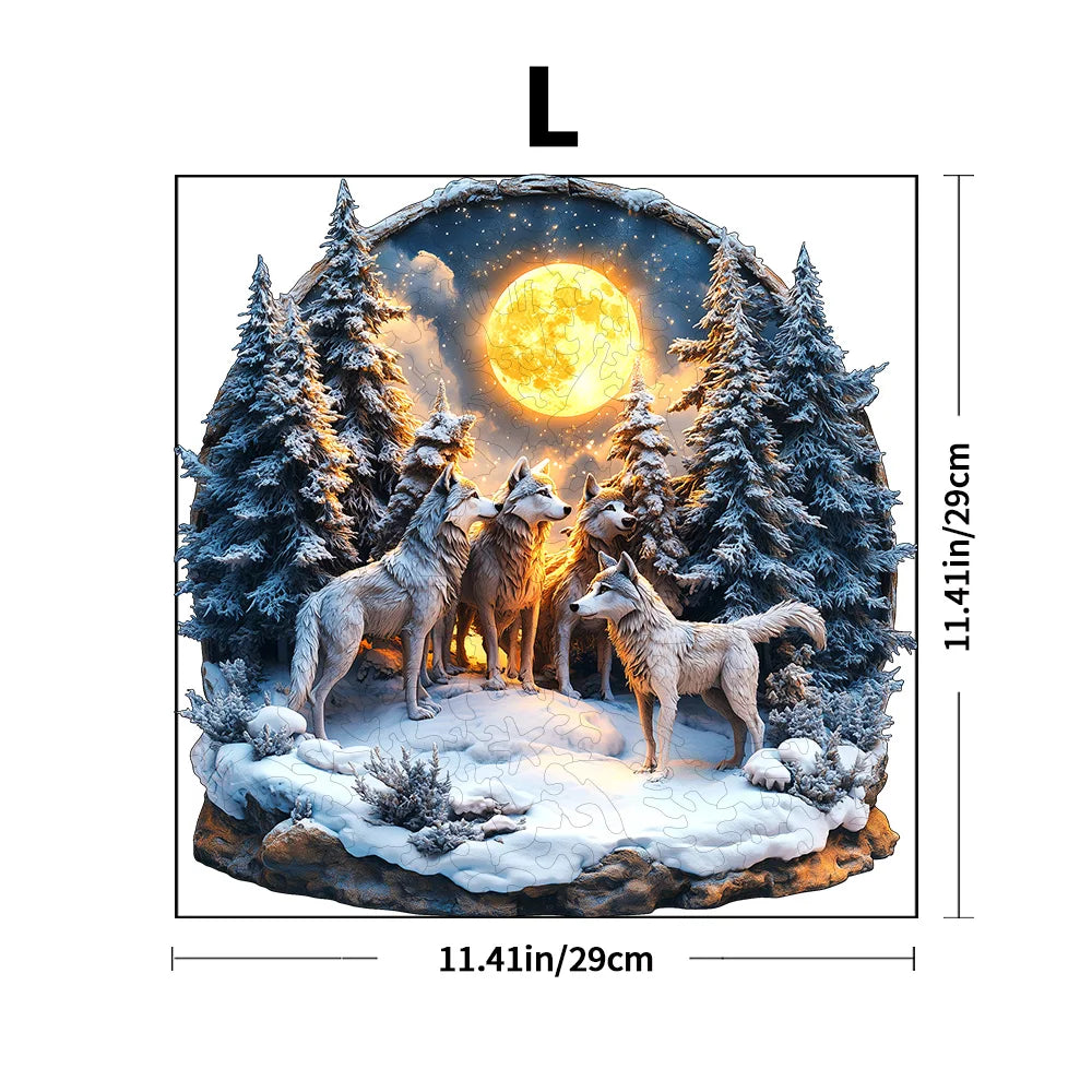 Large enchanted wolf forest wooden puzzle showing finished size of 29 cm with wolf moon scene