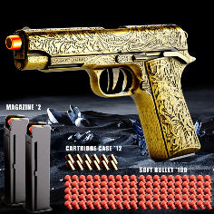 A premium gold-colored toy M1911 pistol featuring intricate floral and scrollwork engravings. The toy includes an orange safety tip, two magazines, several gold-colored shells, and numerous red soft-tip bullets. The branding "Toylvia Toys" and the slogan "Play • Learn • Grow" are displayed against a clean white background with colorful star and smiley face accents. Secondary image