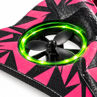 Macro view of the aircraft's green LED ducted propeller and textured pink-and-black foam wing.