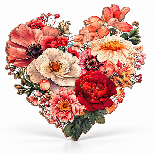 Eternal Bloom assembled heart-shaped wooden jigsaw puzzle on white studio background