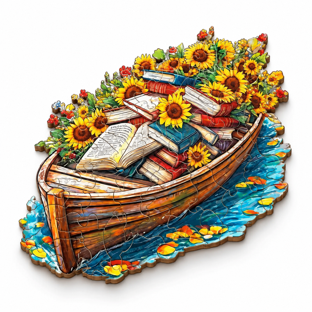 Vintage Boat Wooden Puzzle Stacked Books & Sunflower Art