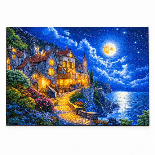 Completed Moonlit Coastal Castle wooden jigsaw puzzle on white background