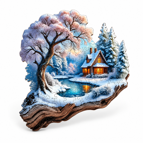 Completed Winter Treehouse wooden jigsaw puzzle on white background