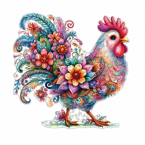 Mindful Dawn whimsical rooster wooden jigsaw, centered with balanced margins