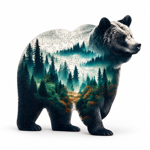Completed Woodland Bear Silhouette wooden jigsaw puzzle on white background