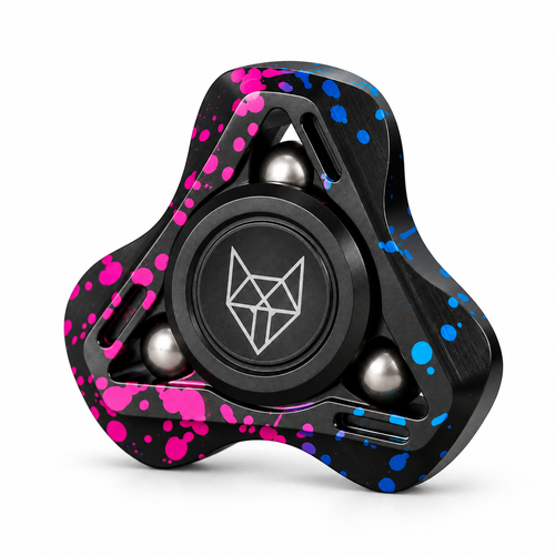 Bright color Fox stainless steel fidget spinner, centered three-quarter studio view