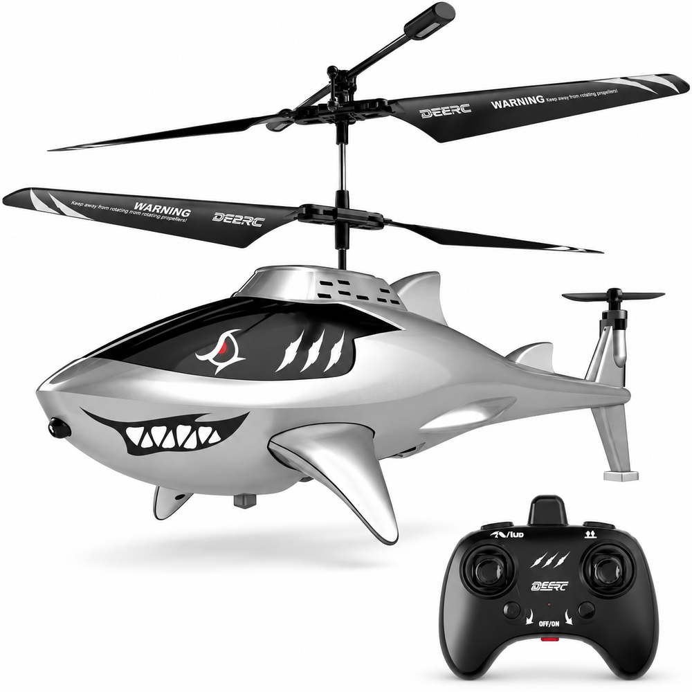 RC shark helicopter silver gray hero with black controller, square white studio