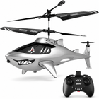 RC shark helicopter silver gray hero with black controller, square white studio