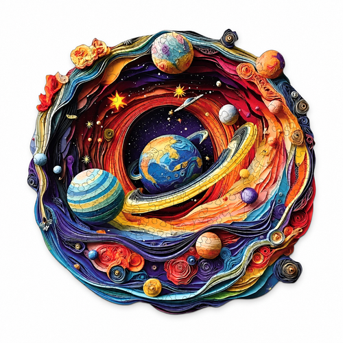 Celestial Sphere space planet wooden jigsaw, centered with balanced margins