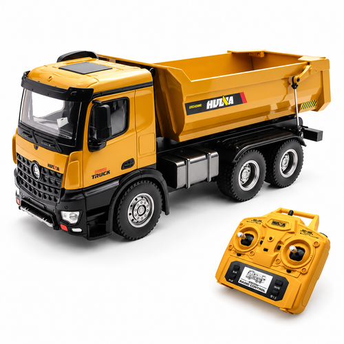 Huina 1582 1:14 all-metal RC dump truck in a left-facing three-quarter studio view with its matching yellow two-stick transmitter.