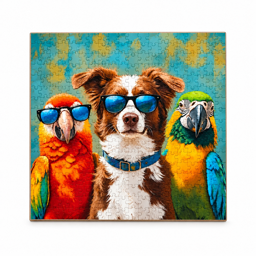 Cool Canine Tropical Parrots wooden jigsaw puzzle, centered with margin