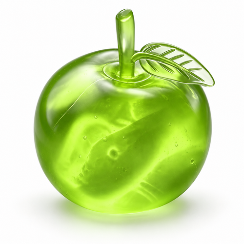 Green translucent apple squishy fidget toy, white studio