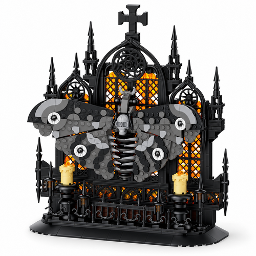 Gothic moth and cathedral building block set on white