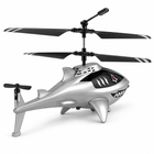 Rear three-quarter supporting view of silver gray RC shark helicopter, square white studio