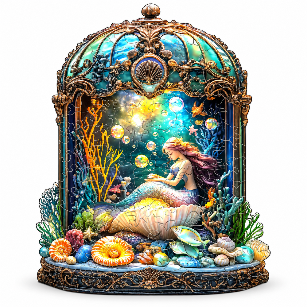 Graceful Mermaid Wooden Jigsaw Retro Dome Underwater Art