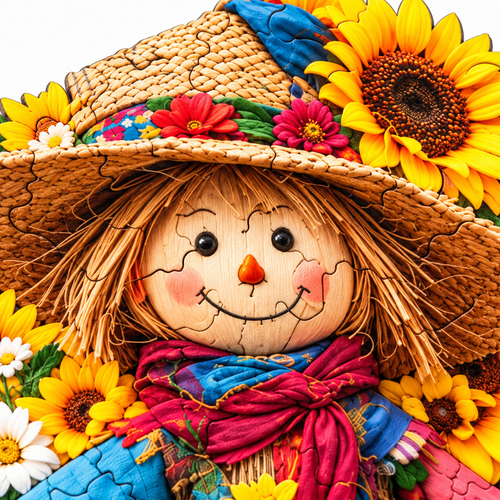 Harvest Scarecrow Wooden Jigsaw Puzzle Round Art Decor - alternate view