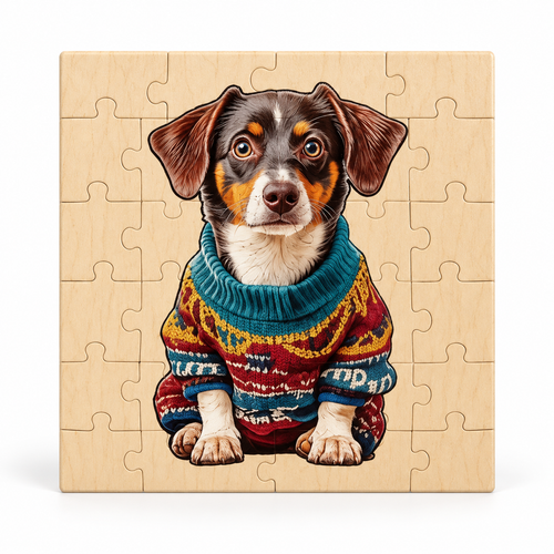 Completed Dachshund wooden jigsaw puzzle on white background