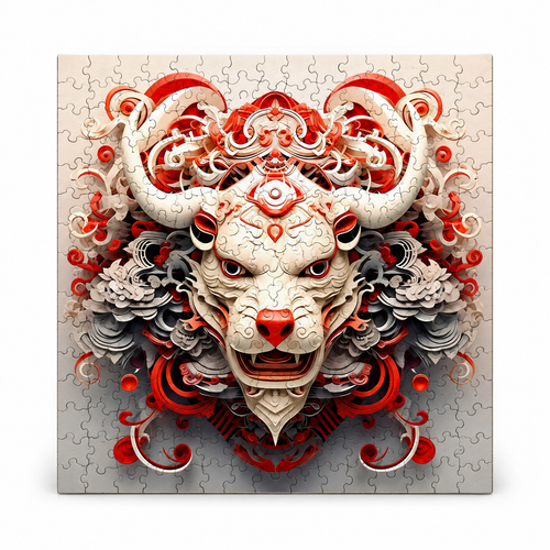 Completed Year of the Dragon wooden jigsaw puzzle on a clean white background