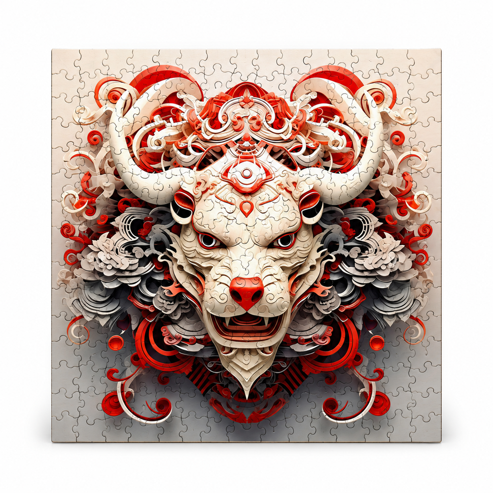 Completed Year of the Dragon wooden jigsaw puzzle on a clean white background