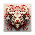 Completed Year of the Dragon wooden jigsaw puzzle on a clean white background