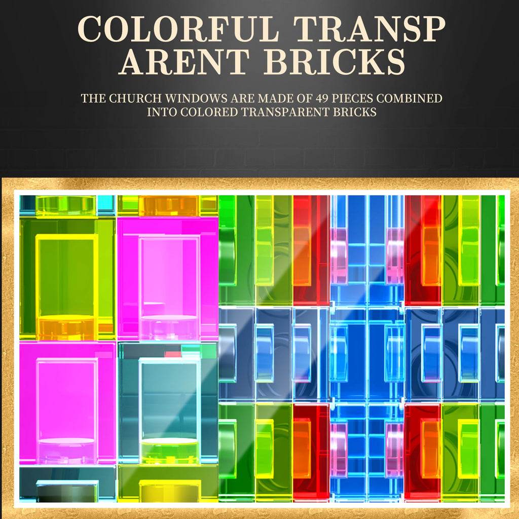 Colorful transparent brick pattern with text on a black background