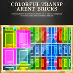 Colorful transparent brick pattern with text on a black background